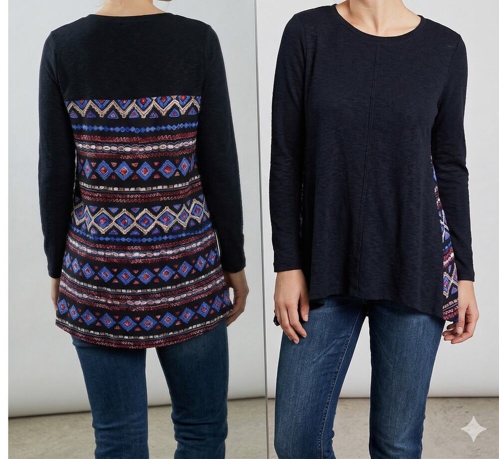 Max Jeans Small Black Top Geometric Print on Back Long Sleeve Cotton Blend